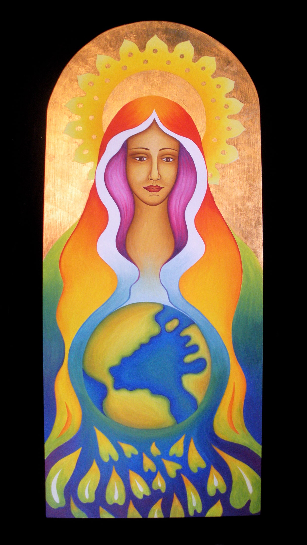 Glowing Gaia: Oil & 22 Karat gold leaf on wooden panel