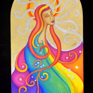 Whimsical Woman: Oil & 22kt gold leaf on wooden panel